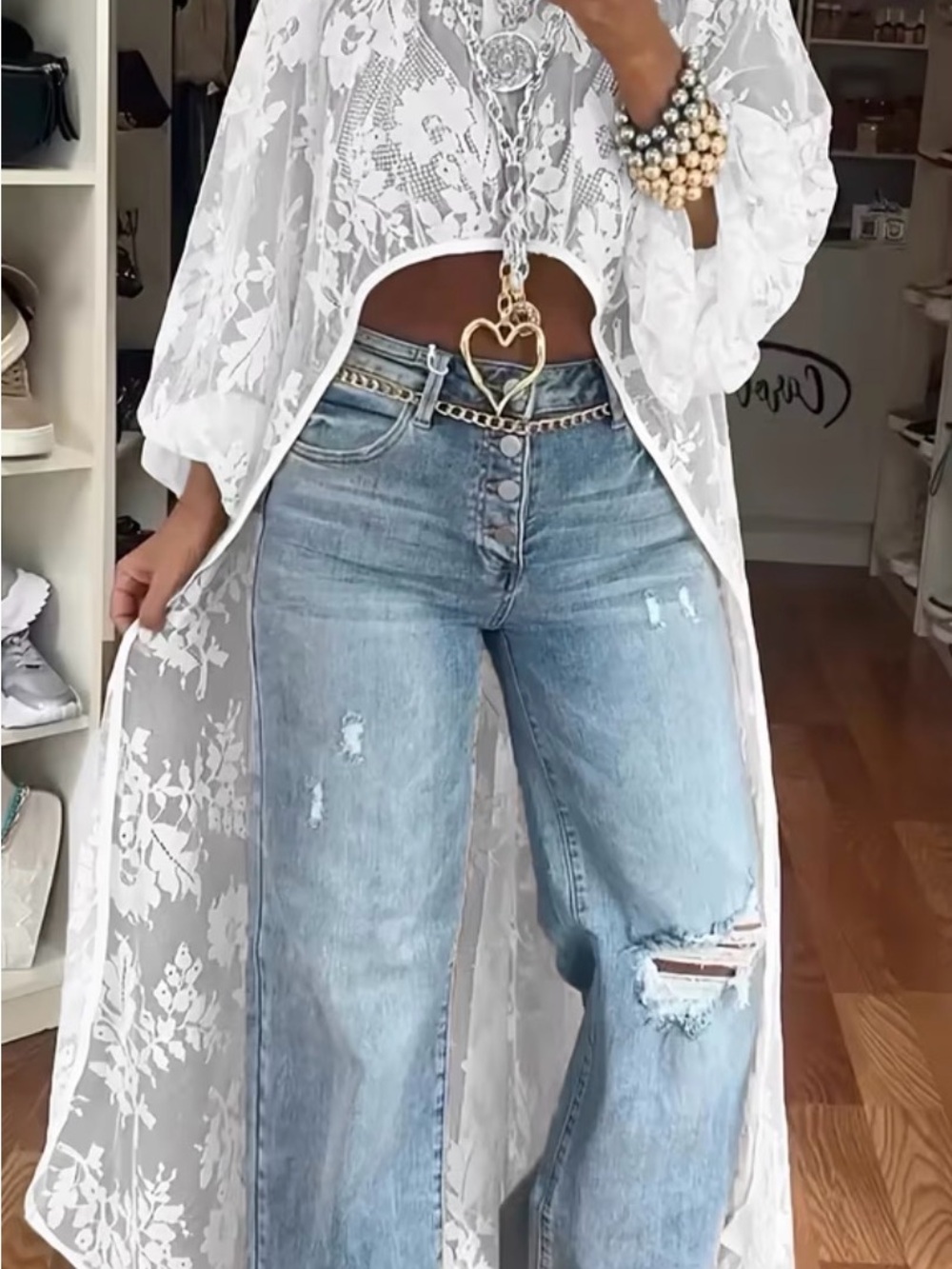 Sheer White Lace Tunic with High Neck